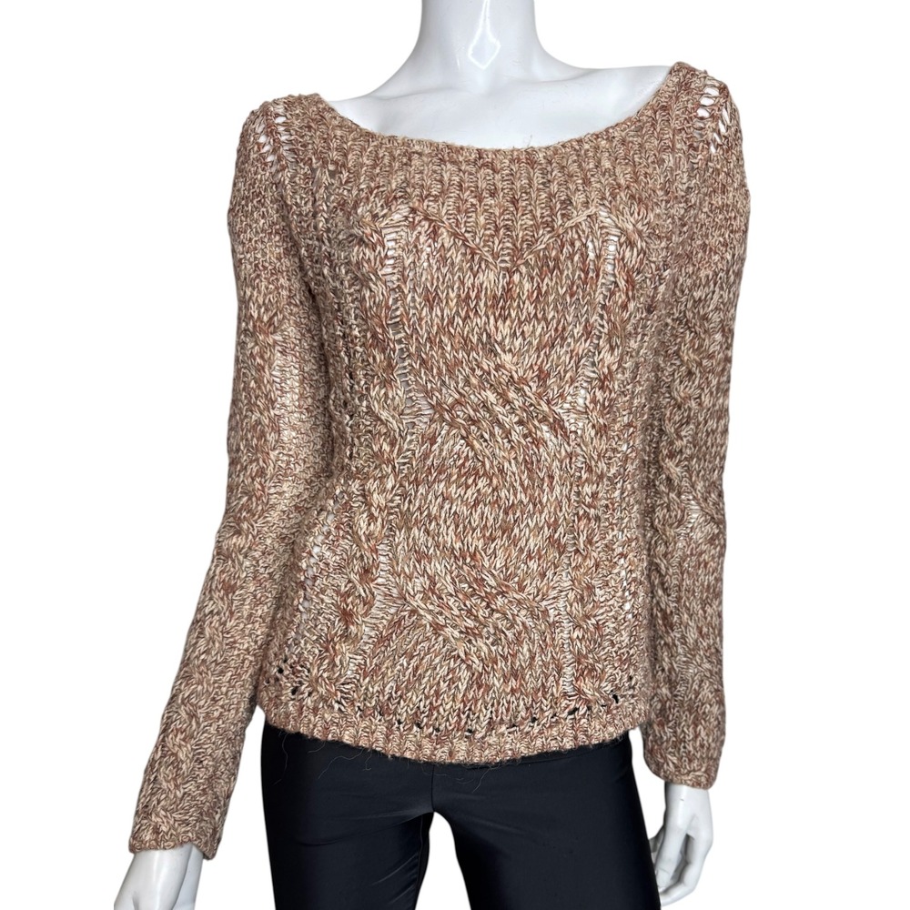 Free People Womens Brown Marled Cable Knit Boat Neck Sweater Small OB308659